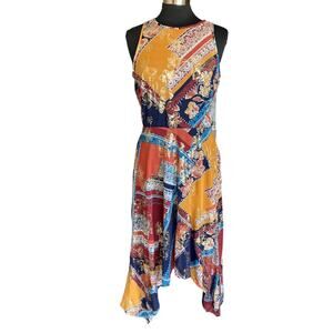 Laundry Shelli Segal Multicolor Gold Hankerchief Hem Midi Dress Sz 10 Boho Y2K